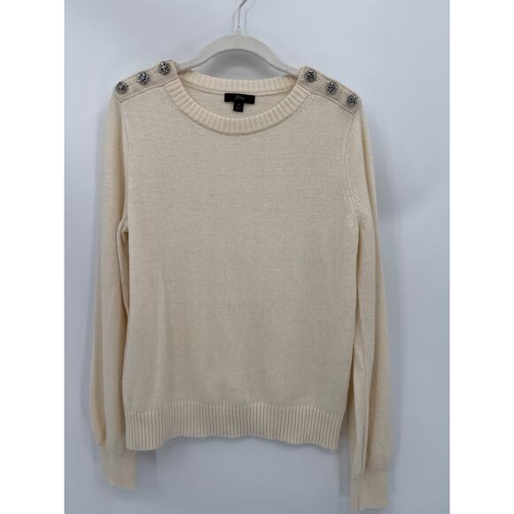 JCrew Sweaters - J.Crew Lambs Wool Jewel Button Crewneck Sweater Ivory Size Medium Rhinestone Top